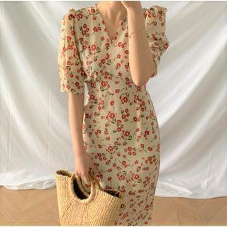 Elbow-sleeve Floral Print Midi Shift Dress