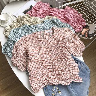 Ruched Plaid Puff-sleeve Cropped Blouse