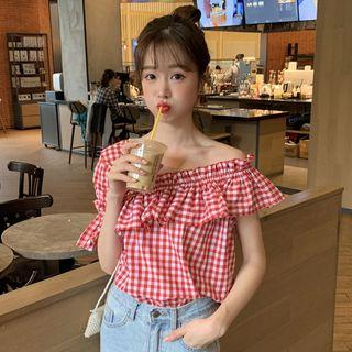 Elbow-sleeve Asymmetric Checker Ruffled Top