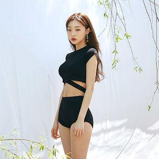 Cap-sleeve Strappy Crop Knit Tankini Set
