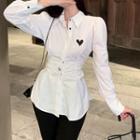 Heart Embroidered Shirred Blouse White - One Size