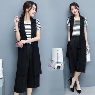 Set: Striped Short-sleeve T-shirt + Chiffon Long Vest + Capri Pants