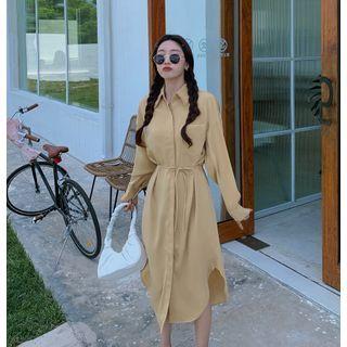 Long-sleeve Tie Waist Plain Shirt Dress