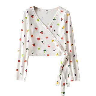 Long Sleeve V-neck Fruit Print Crop Top