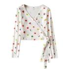 Long Sleeve V-neck Fruit Print Crop Top
