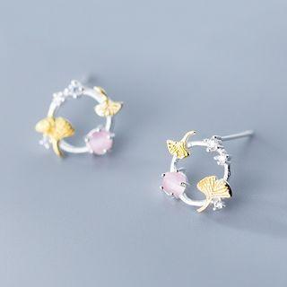 925 Sterling Silver Leaf & Bead Hoop Earring Silver - One Size