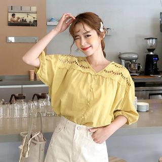 Lace-yoke Balloon-sleeve Top