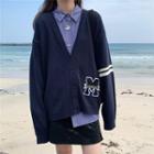 Letter Embroidered Striped Cardigan Blue - One Size
