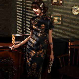 Floral Short-sleeve Slit Maxi Qipao