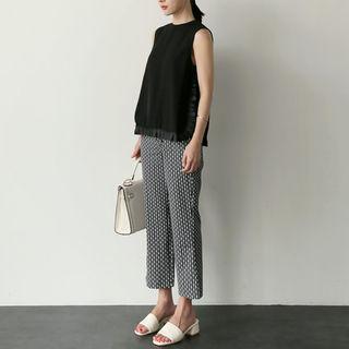 Set: Sleeveless Pleated-trim Top + Flat-front Pattern Pants