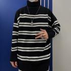 Couple Matching Turtleneck Striped Sweater Black - One Size