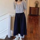 Floral Print Puff-sleeve Blouse / Midi A-line Denim Skirt