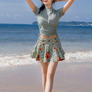 Set: Short-sleeve Half-zip Drawstring Rashguard + Print Swim Skirt