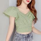 Short-sleeve Bow-back Gingham Blouse