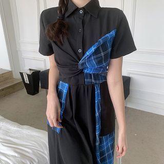 Short-sleeve Plaid Panel Midi A-line Shirt Dress