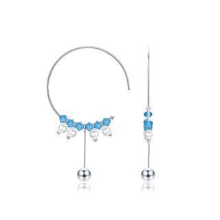 925 Sterling Silver Simple Geometric Circle Tassel Earrings With Light Blue Austrian Element Crystal Silver - One Size