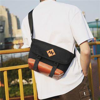 Faux Leather Panel Flap Cover Messenger Bag