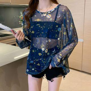 Long-sleeve Planet Print Mesh Top