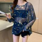 Long-sleeve Planet Print Mesh Top