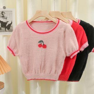 Contrasted Cherry-print Knit Crop Top