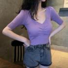 Sweetheart-neckline Short-sleeve Ribbed T-shirt
