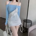 Off-shoulder Open-back Halter Neck Top / Spaghetti Strap Drawstring Overall Dress
