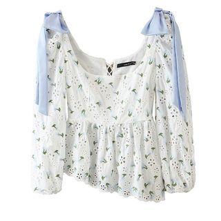 Floral Print Eyelet Lace Blouse