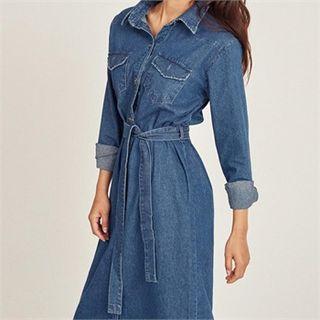 Pocket-detail Denim Shirtdress With Sash