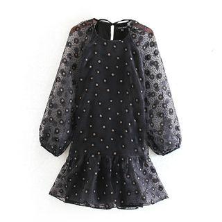 Lantern-sleeve Mini Dotted Mesh Dress