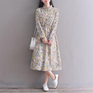 Long-sleeve Floral Print Corduroy Midi A-line Dress