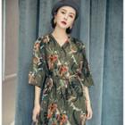 3/4-sleeve Floral Midi Dress With Tie