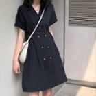 Short-sleeve Double-breasted Mini A-line Dress Navy Blue - One Size