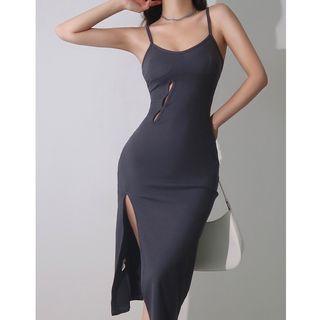 Spaghetti Strap Distressed Lace-up Dress