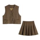Set: Plaid Button-up Vest + Pleated A-line Skirt