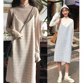 Cowl-neck Knit Top / Spaghetti Strap Plaid Dress