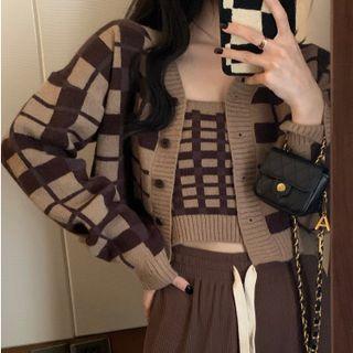 Set: Cropped Plaid Camisole Top+knit Plaid Cardigan Brown - One Size