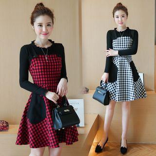 Set: Long-sleeve Knit Top + Check A-line Jumper Dress