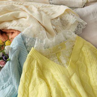Lace-neckline Cable-knit Sweater In 5 Colors