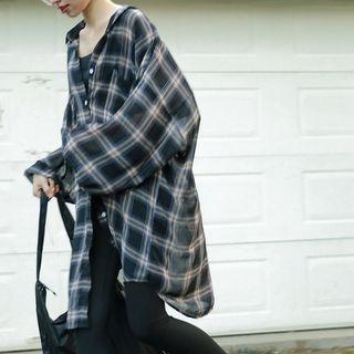 Plaid Long Shirt Plaid - Black & Blue - One Size