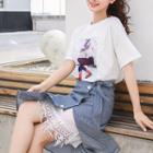 Set: Printed Short-sleeve T-shirt + Pinstriped Midi Skirt