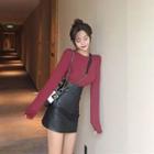 Plain Long-sleeve T-shirt / Faux-leather A-line Skirt