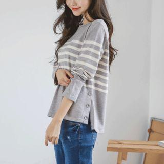 Crew-neck Button-side Stripe Knit Top