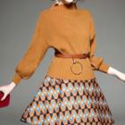 Set: Mock-neck Sweater + Patterned A-line Skirt