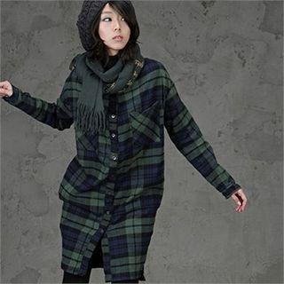 Mandarin-collar Long Plaid Shirt