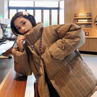 Stand Collar Plaid Buttoned Padded Jacket