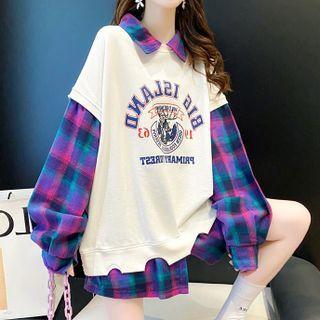 Mock Two-piece Long-sleeve Plaid Panel Printed Sweatshirt