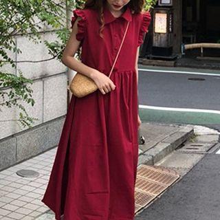 Plain Ruffled-trim Sleeveless Single-breasted Dress