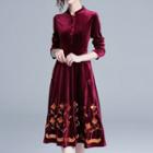 Long-sleeve Floral Sequined Velvet A-line Dress