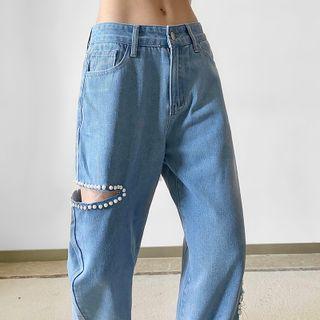 Faux Pearl Cutout Wide Leg Jeans