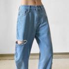Faux Pearl Cutout Wide Leg Jeans